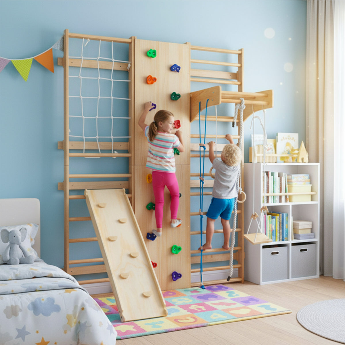 All-in-One 10-in-1 Indoor Climbing Set - Featuring a Rock Climbing Wall, Wooden Swings, Gymnastic Rings, Rope Ladders, and St