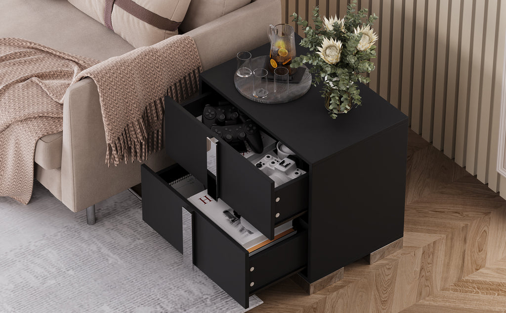 Modern End Table with Drawers, Elegant Nightstand with Metal Foot,Wood Bedside Table with Mirrored Metal Handles,Sofa Side End Table for Bedroom Living Room Office,Black - Grand Goldman Shop