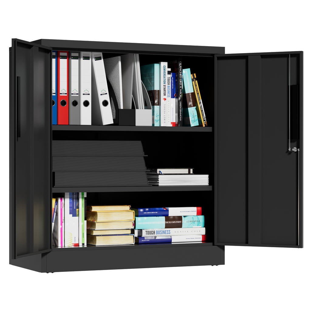 Black Heavy Duty Metal Storage Cabinet with Lock, 2-Door File Cabinet with 2 Adjustable Shelves for Home, Office, Garage (35.