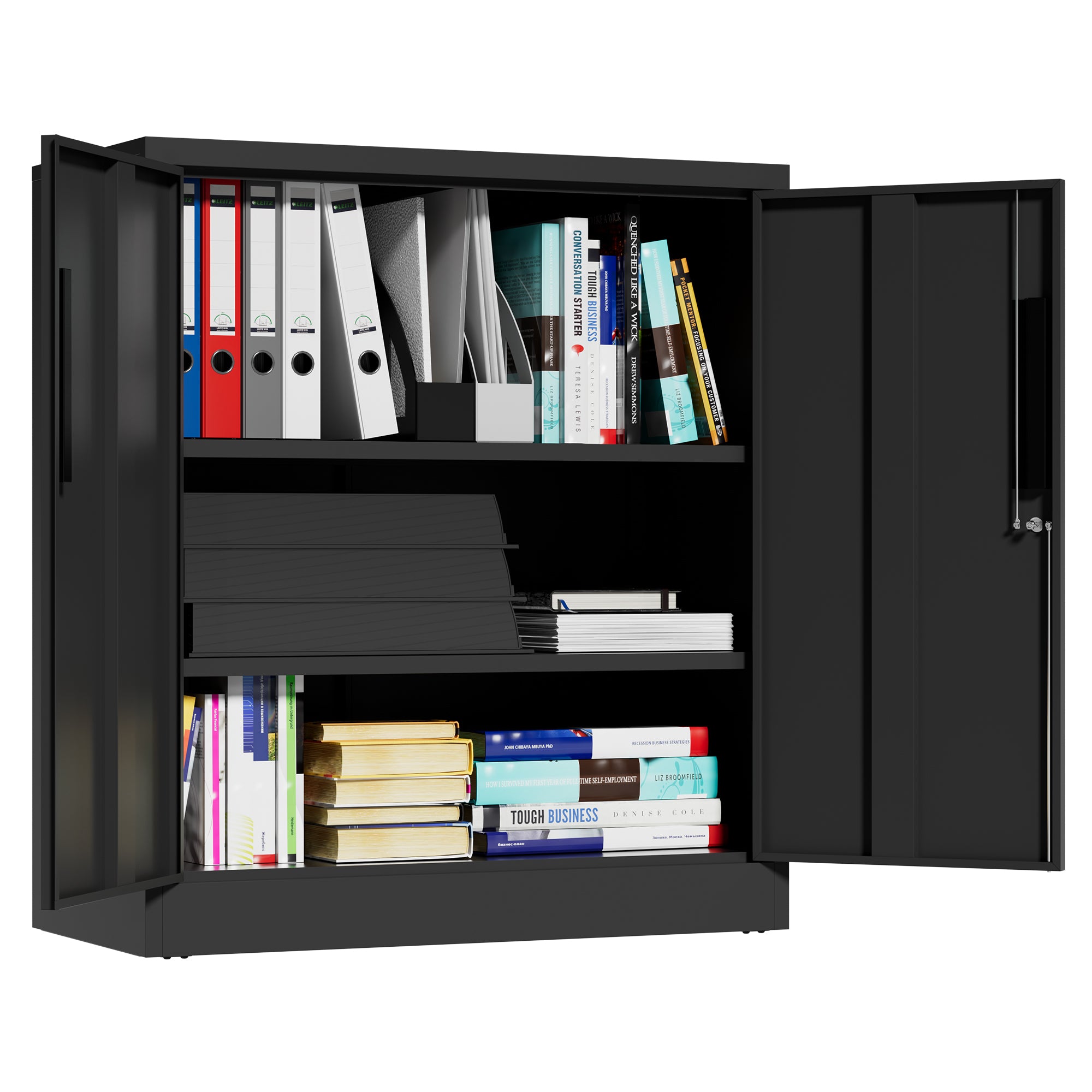 Black Heavy Duty Metal Storage Cabinet with Lock, 2-Door File Cabinet with 2 Adjustable Shelves for Home, Office, Garage (35.