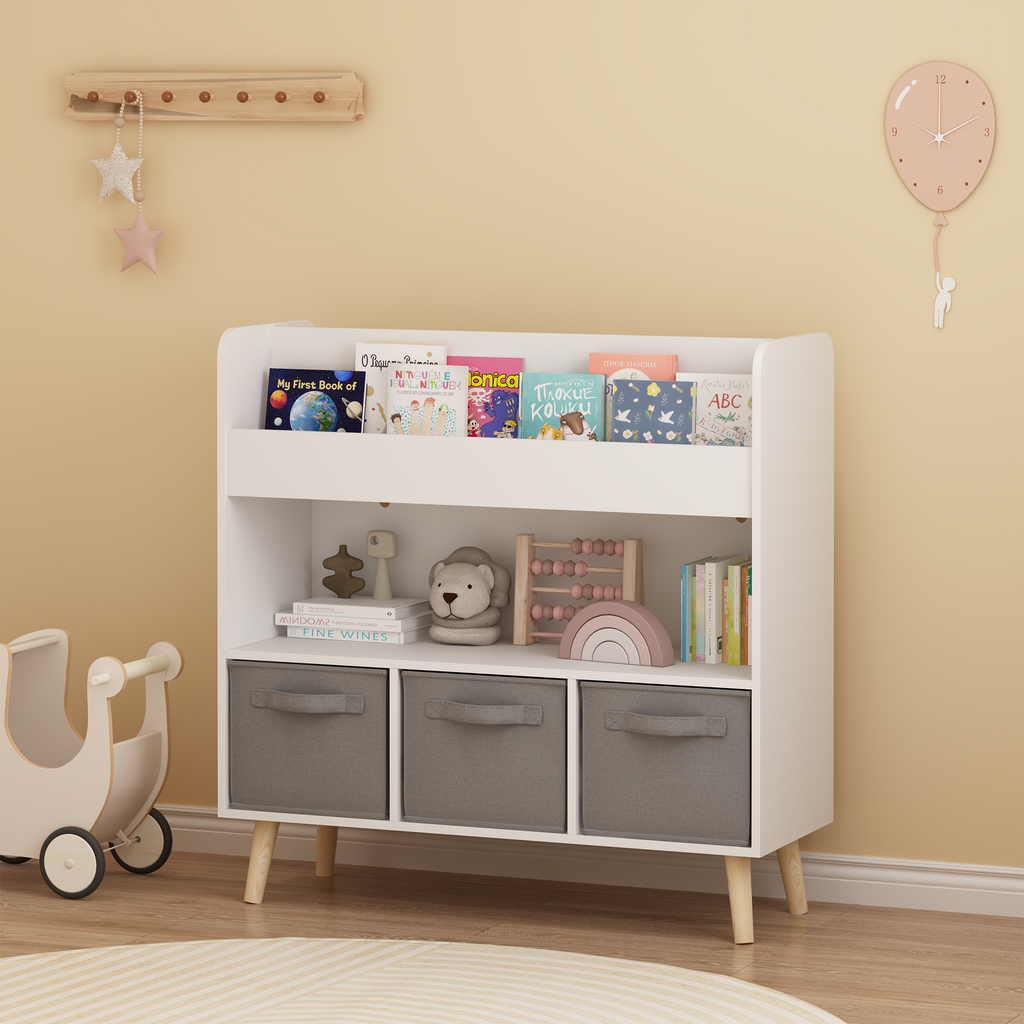 Kids Bookshelf with 3 Fabric Bins, Modern Children's Bookcase with Storage for Toys and Books, Toddler Book Organizer Shelf f