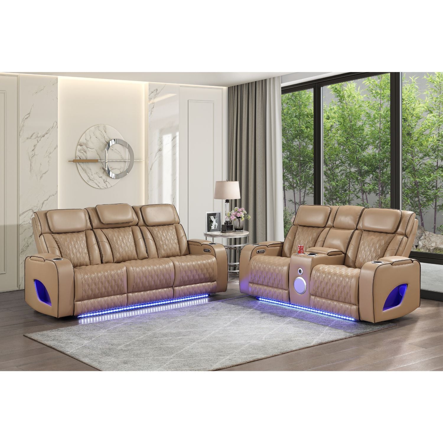 Fortuner Power Reclining 2Pc Living Room Set in Caramel Faux Leather with LED Lights, Massage Function, Bluetooth Speakers and Wireless Charging - Grand Goldman Shop