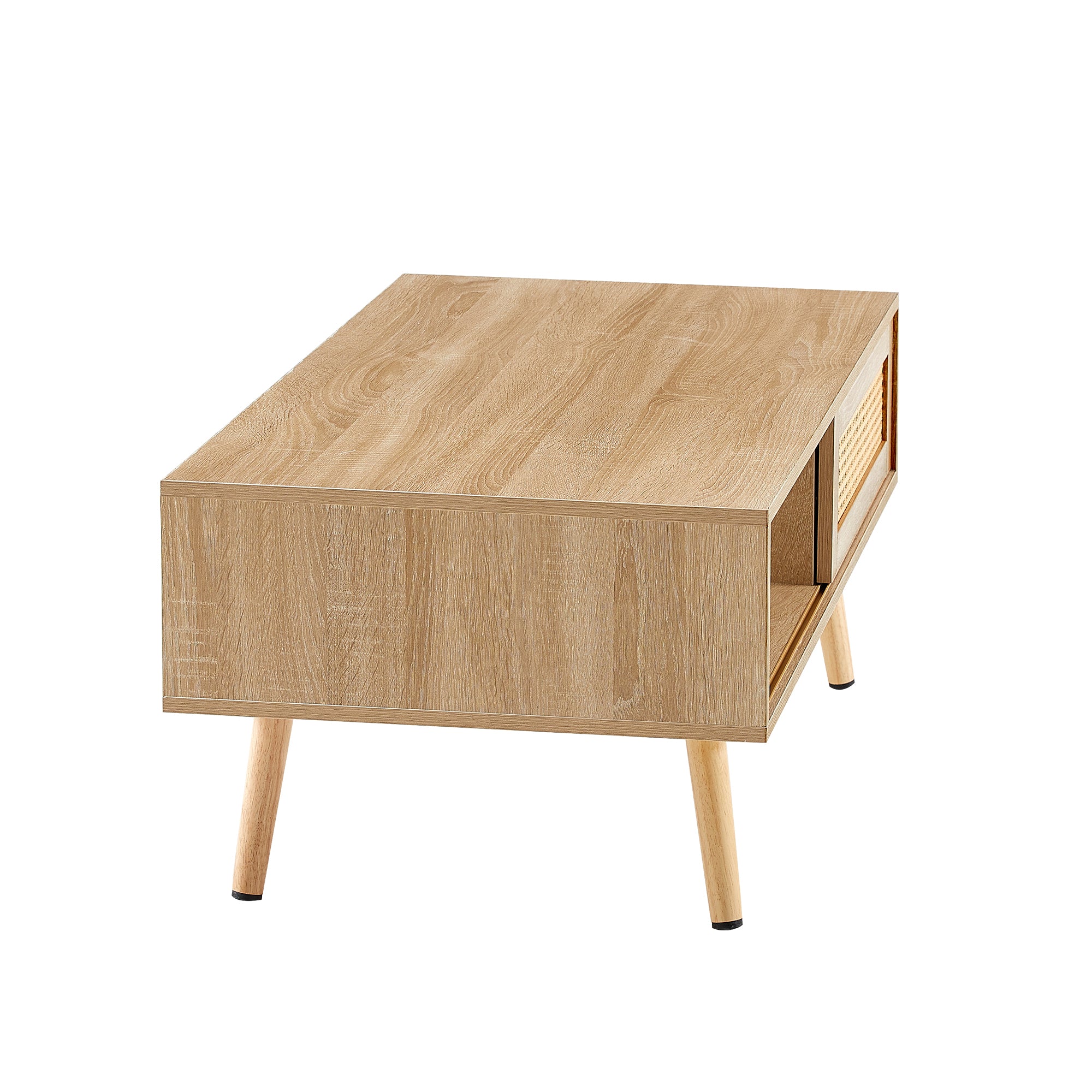41.34' Rattan Coffee Table, Sliding Door for Storage, Solid Wood Legs, Modern Table for Living Room-Natural - Grand Goldman Shop