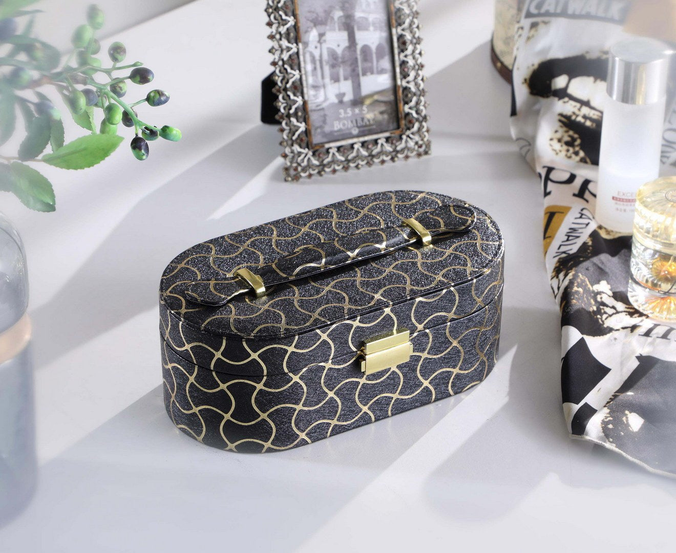 9.5' Long Leather Jewelry Organizer Case with Mirror, Gold Swirl Pattern, Black - Grand Goldman Shop