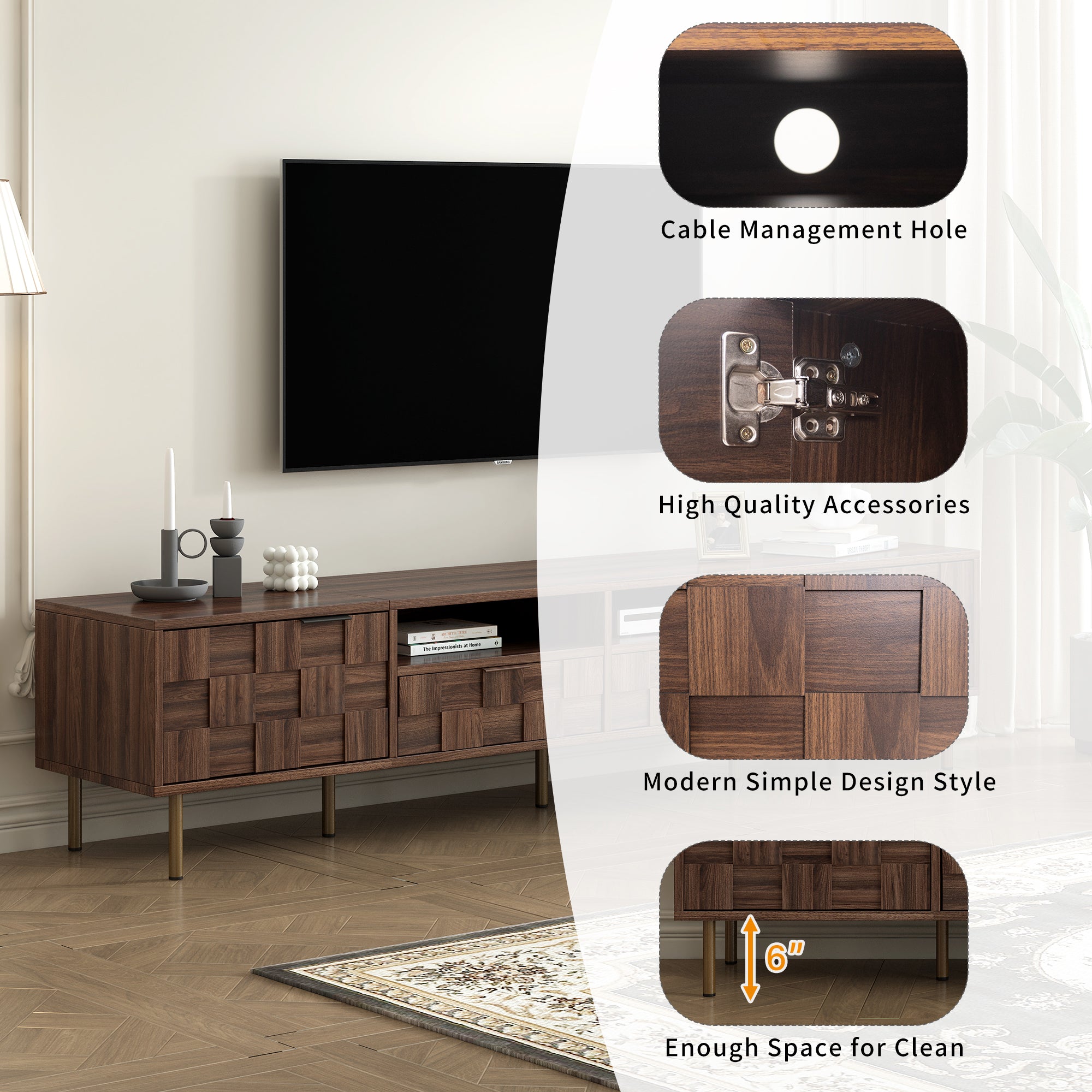 Mid Century TV Stand with 2 Drawers in Dark Brown, Media Console Table for TVs up to 85'', Made of Particle Board and MDF, 78.7'' x 15.7'' x 17.7'' - Grand Goldman Shop