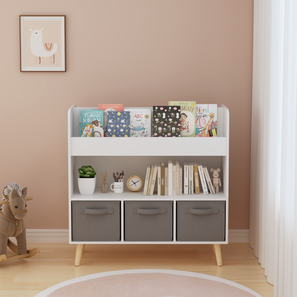 Kids Bookshelf with 3 Fabric Bins, Modern Children's Bookcase with Storage for Toys and Books, Toddler Book Organizer Shelf f