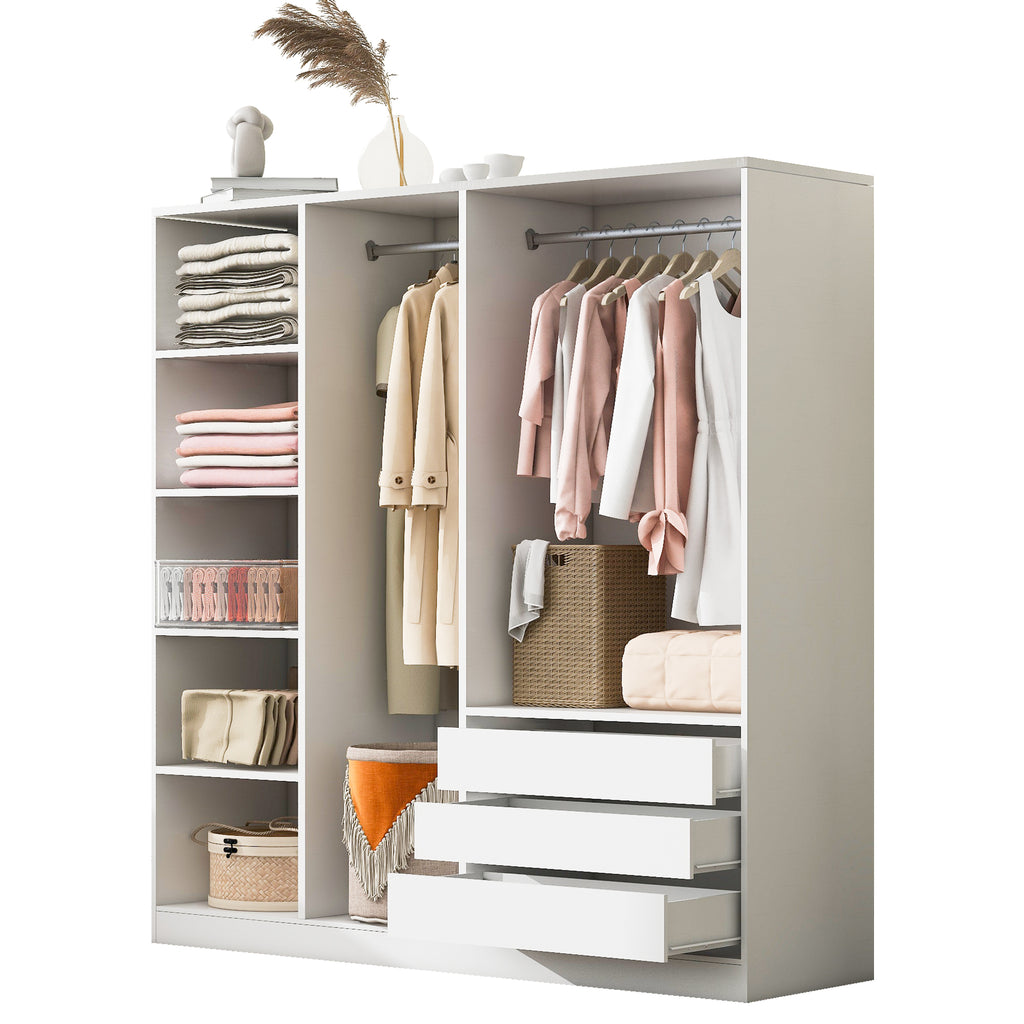 Doorless Wooden Storage Wardrobe for Dedroom with Shelves and 3 Drawers, White - Grand Goldman Shop