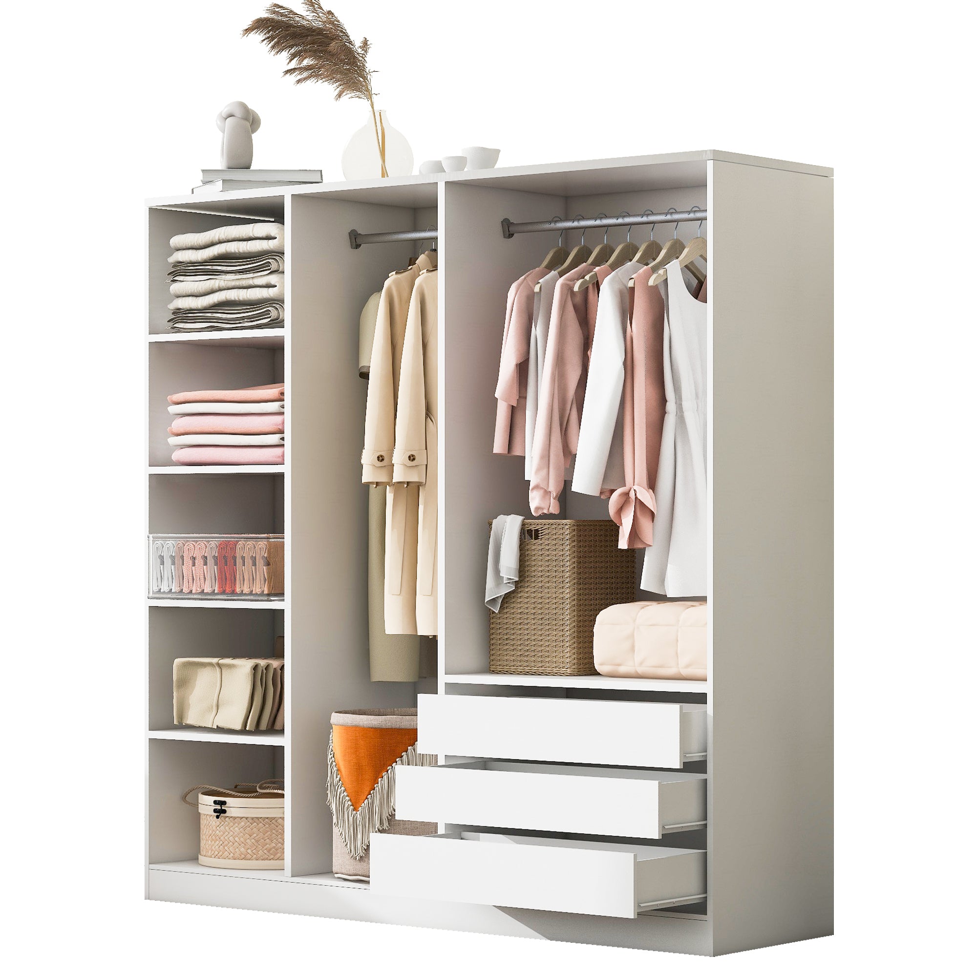 Doorless Wooden Storage Wardrobe for Dedroom with Shelves and 3 Drawers, White - Grand Goldman Shop