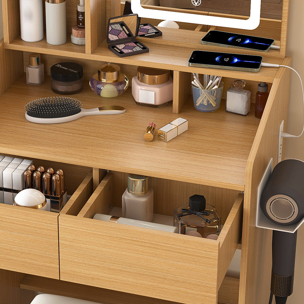 Modern Wood Vanity Table with LED Mirror, Power Outlet, Hairdryer Holder & Padded Stool – Compact Dressing Desk for Small Bedrooms - Grand Goldman Shop