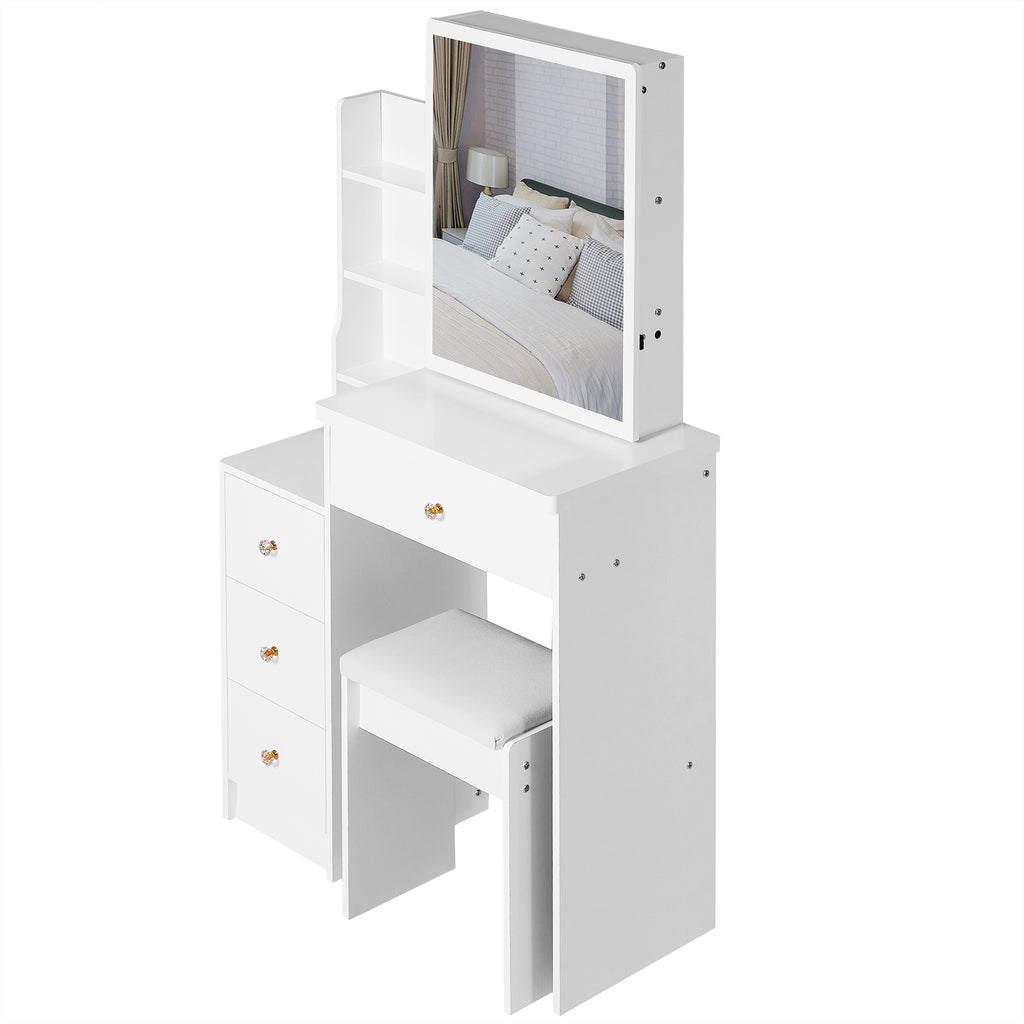 29.2' Small Space Left Bedside Cabinet Vanity Table + Cushioned Stool, Extra Large Right sliding mirror, Multi Layer High Capacity Storage, Practical Fashionable Dresser, EPA, GCC, UL Certificate - Grand Goldman Shop