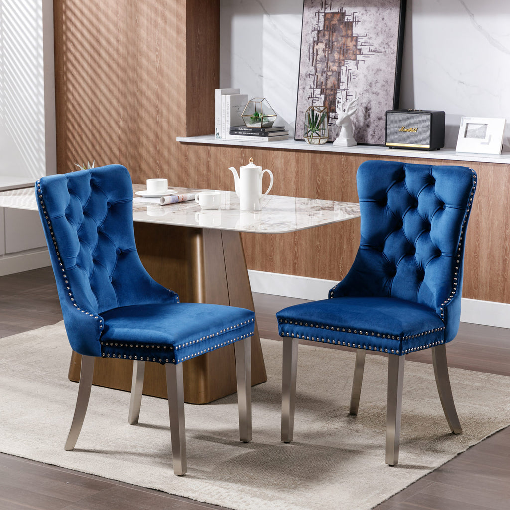 Nikki Collection Modern, High-end Tufted Solid Wood Contemporary Velvet Upholstered Dining Chair with Chrome Stainless Steel Plating Legs,Nailhead Trim,Set of 2,Blue and Chrome, SW1701BL - Grand Goldman Shop