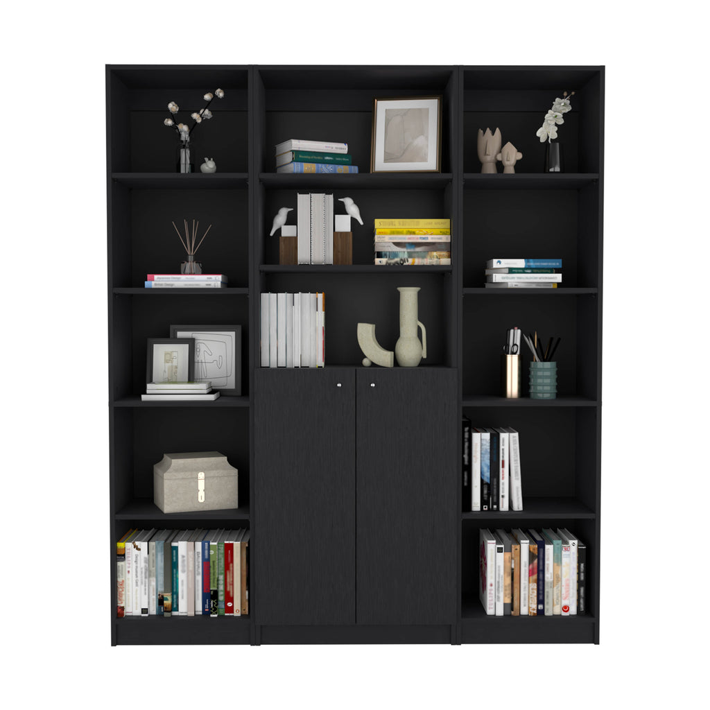 June 3 Piece Home Bookcase set, 60' Wide with 13 Shelves and Two-Door Cabinet ,  Living Room Set Set  Black | Premium Home De