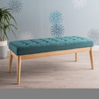 Vibratory Button Tufted Upholstered Ottoman with Splayed Wooden Legs, Teal and Natural - Grand Goldman Shop