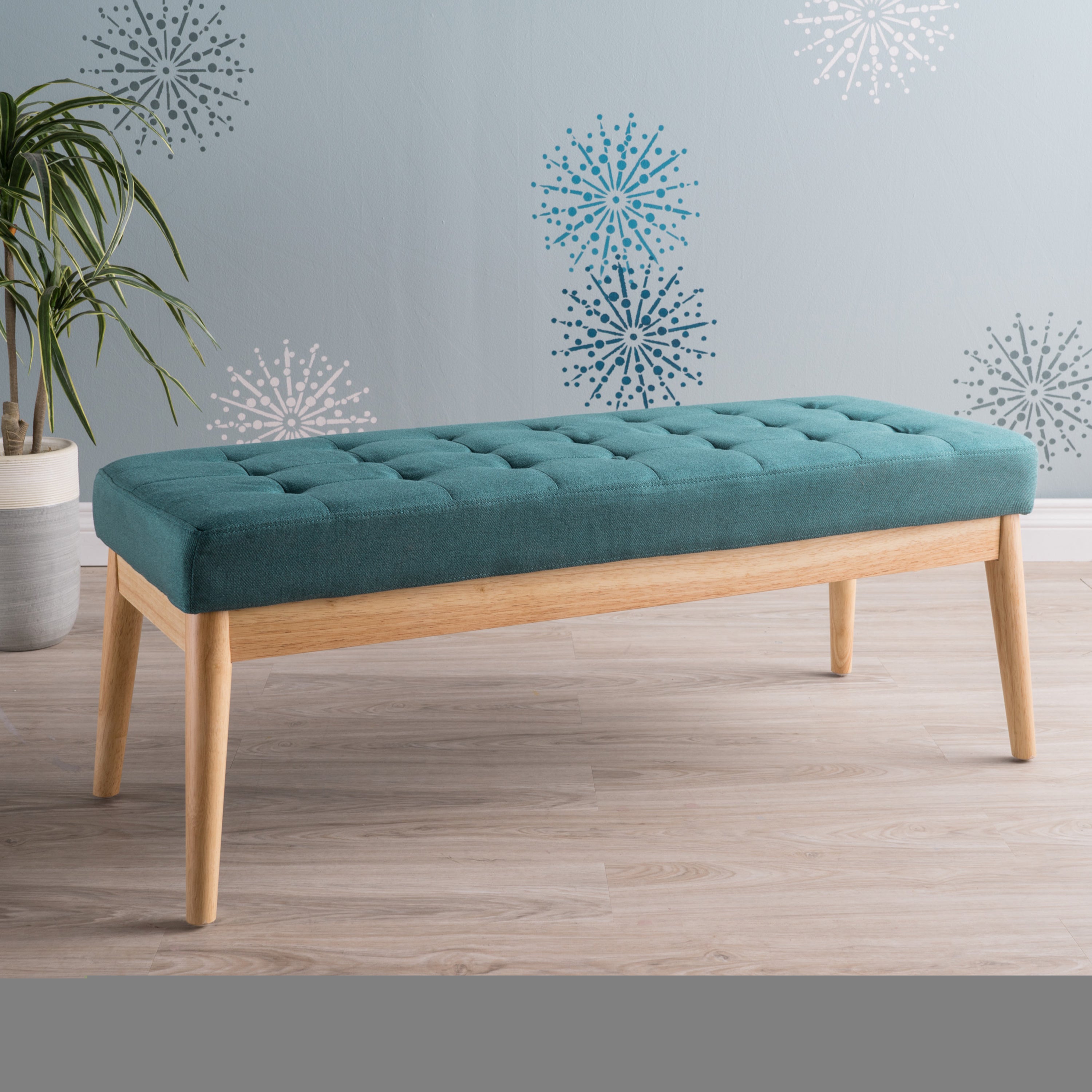 Vibratory Button Tufted Upholstered Ottoman with Splayed Wooden Legs, Teal and Natural - Grand Goldman Shop