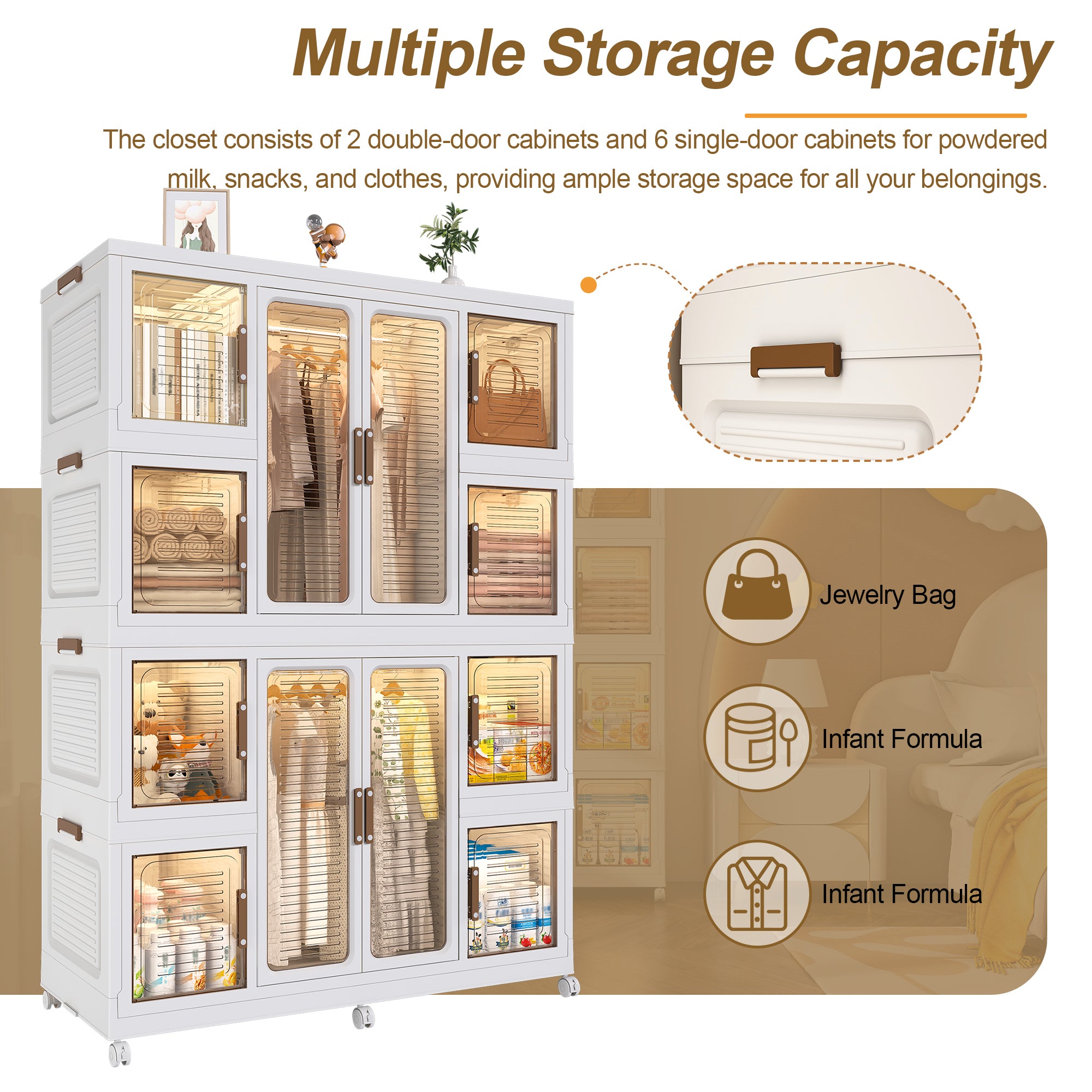 Portable Wardrobe Closet Storage Organizer for Clothes with Magnetic Doors, 12 Cubes & 2 Hanging Rods, White - Grand Goldman Shop