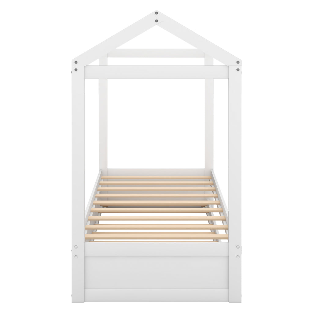 House Bed with Trundle in White, Pine Wood and MDF, Twin Size, Pre-Drilled Holes for Easy Assembly - Grand Goldman Shop