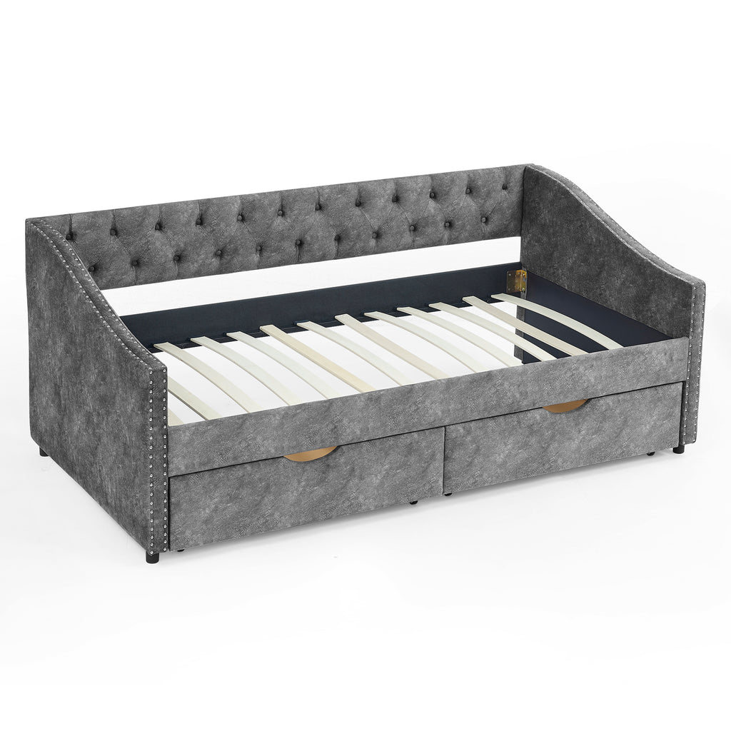 Grey Upholstered Tufted Twin Size Daybed with Drawers and Copper Nailhead Trim, Eucalyptus Wood Frame, 81.5''x4''x30.5'' - Grand Goldman Shop