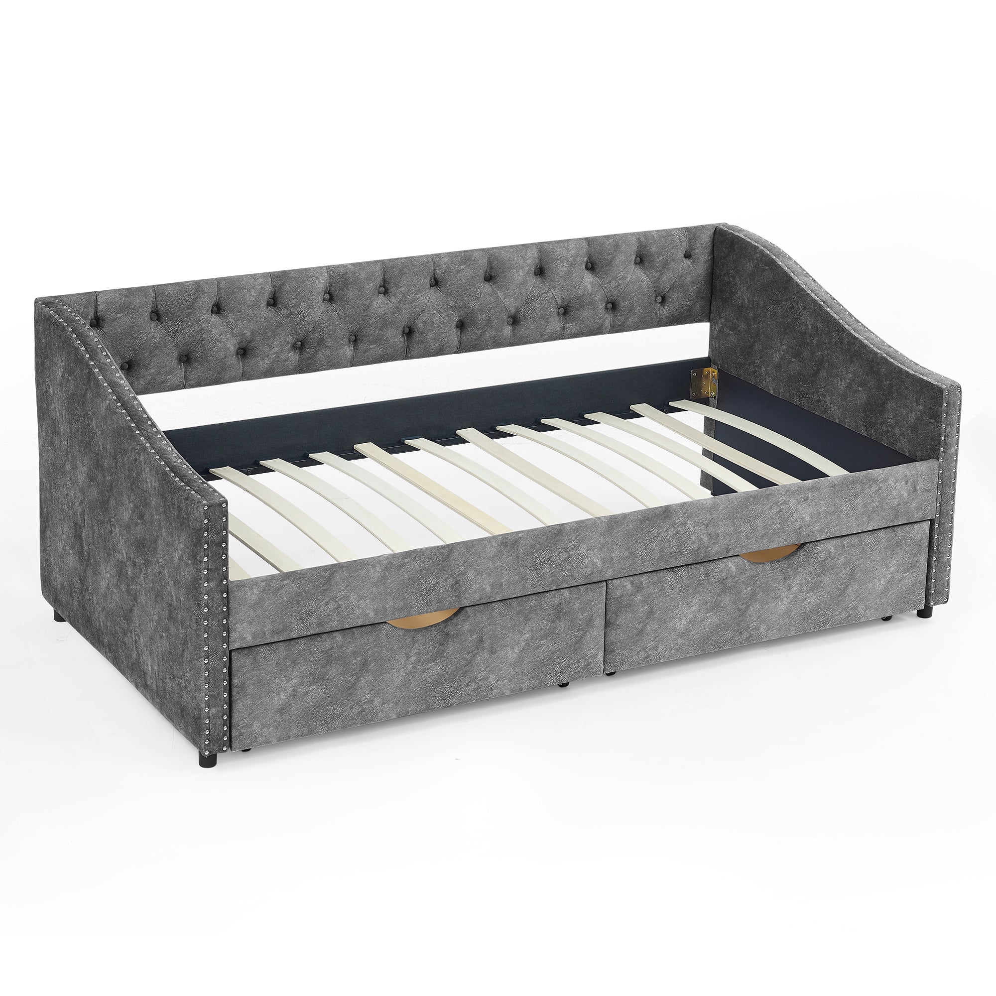 Grey Upholstered Tufted Twin Size Daybed with Drawers and Copper Nailhead Trim, Eucalyptus Wood Frame, 81.5''x4''x30.5'' - Grand Goldman Shop