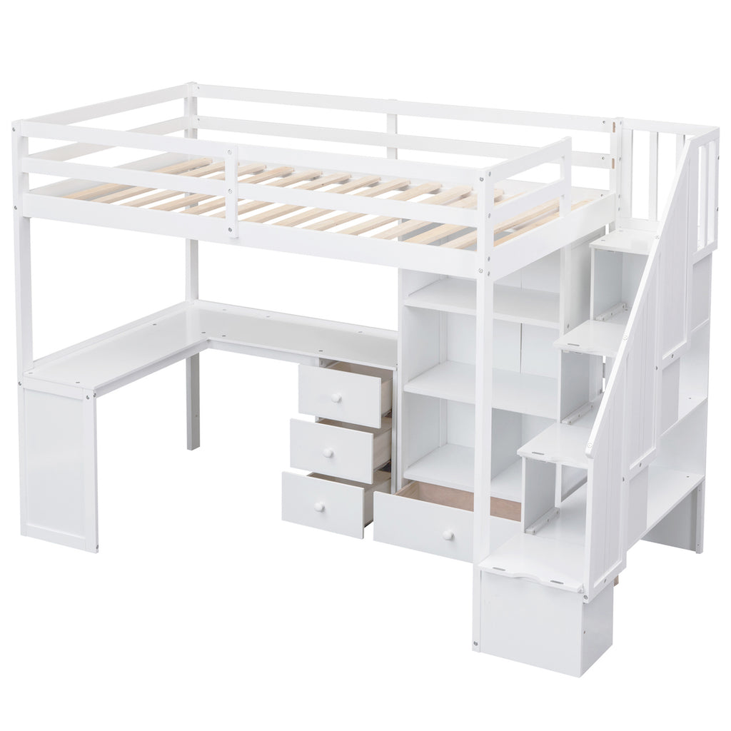 White Twin Size Loft Bed with L-Shaped Desk, Drawers, Cabinet, and Storage Staircase - Pine Wood & MDF - Grand Goldman Shop
