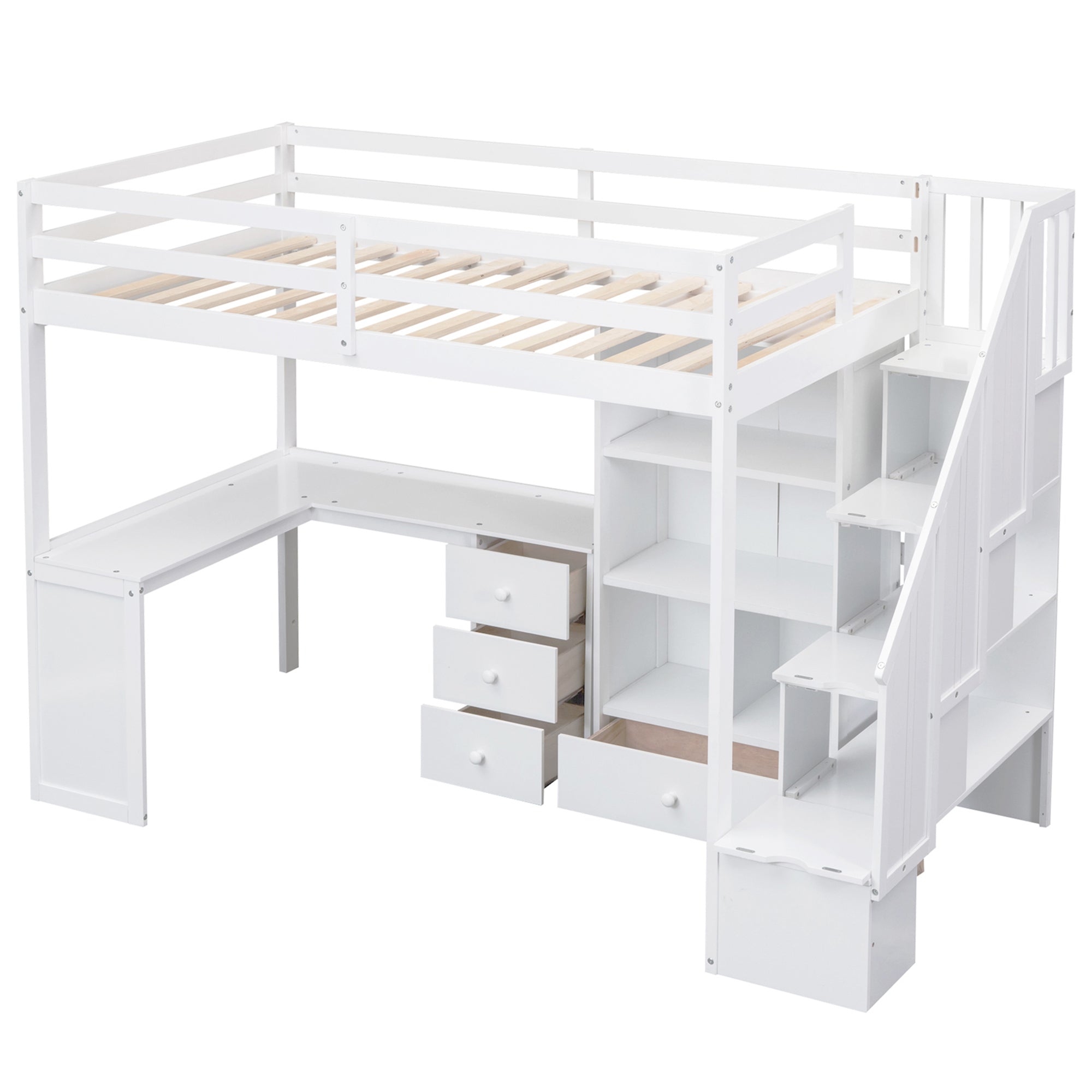 White Twin Size Loft Bed with L-Shaped Desk, Drawers, Cabinet, and Storage Staircase - Pine Wood & MDF - Grand Goldman Shop