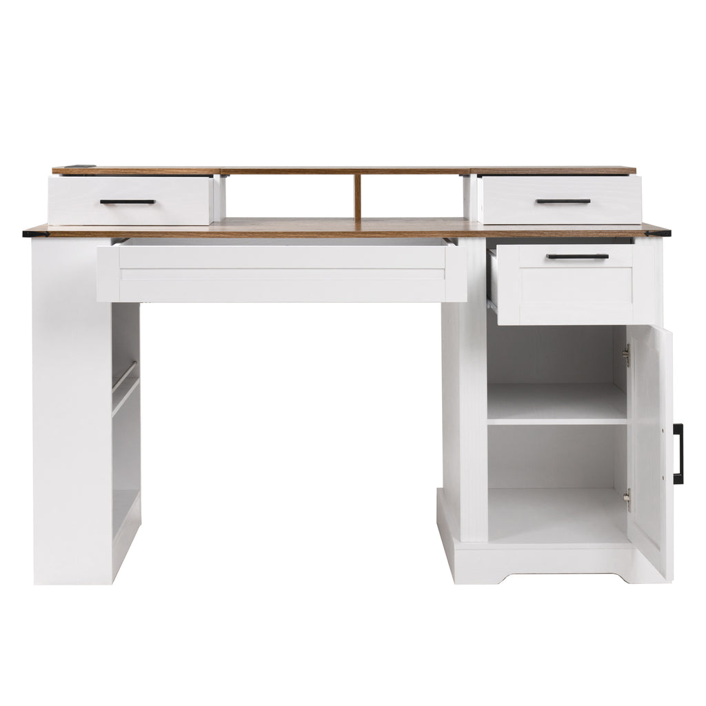 White Farmhouse Office Desk with Storage Cabinet, Charging Station, Monitor Stand & Pegboard, 55' Computer Writing Desk with 
