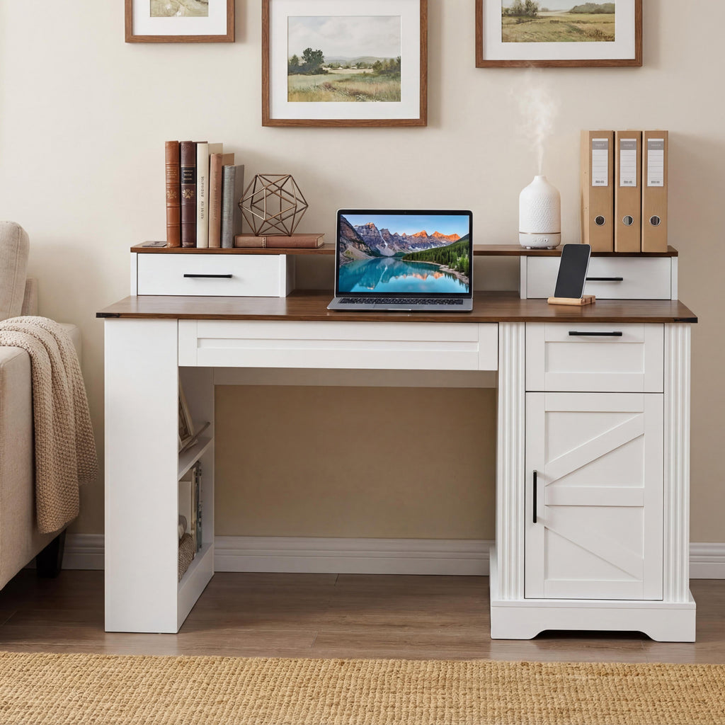 White Farmhouse Office Desk with Storage Cabinet, Charging Station, Monitor Stand & Pegboard, 55' Computer Writing Desk with 