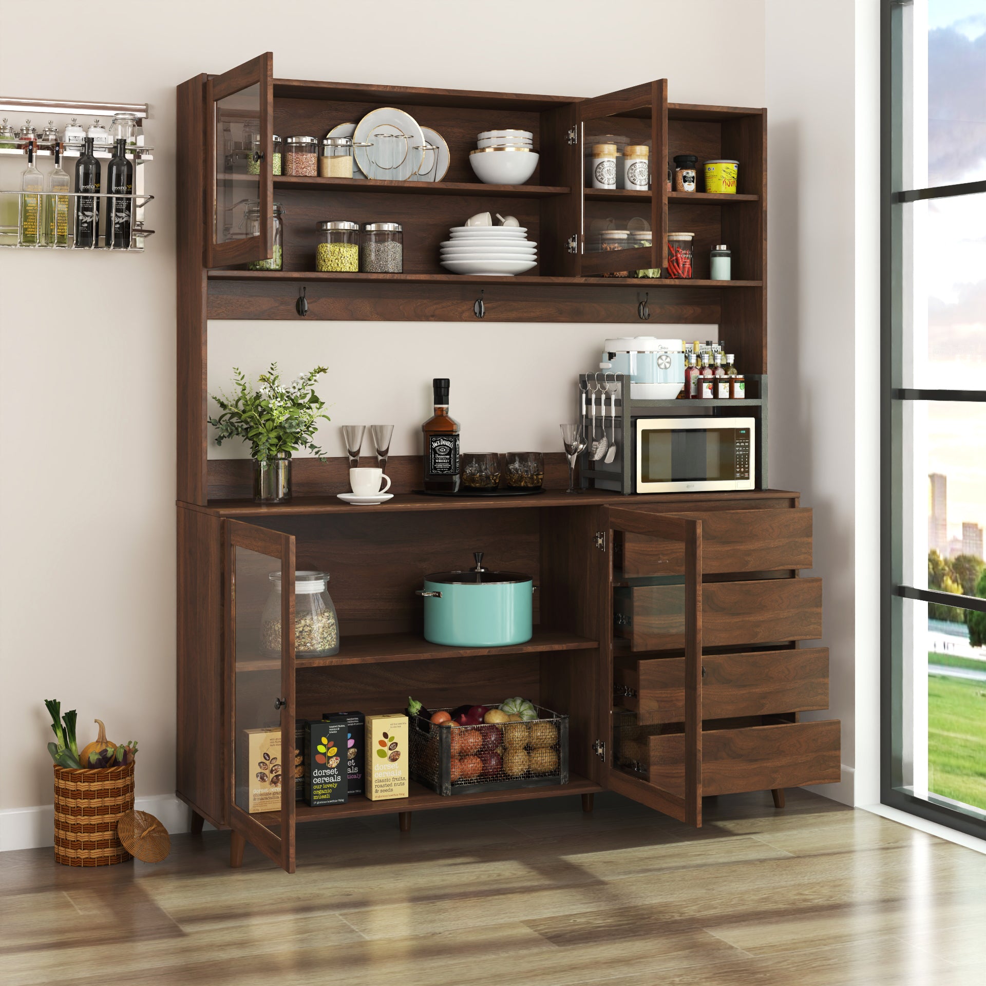 63' W Large Kitchen Hutch Cabinet, Freestanding Pantry Cabinets Storage Kitchen Cupboard with 4 Doors, 4 Drawers & Microwave Shelf, Walnut - Grand Goldman Shop