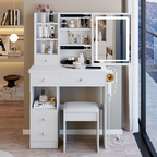 29.2' Small Size Left Drawer Desktop Vanity Table + Cushioned Stool, 2 AC+2 USB Power Station, Hair dryer bracket, Extra Large Touch Control Sliding LED Mirror, Tri-color Switching, Brightness Adjust - Grand Goldman Shop
