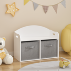 Kids Wooden Toy Box Bench with Collapsible Fabric Drawers, White MDF Storage Cabinet Organizer, 24.6 x 11.8 x 19.1 inches | P