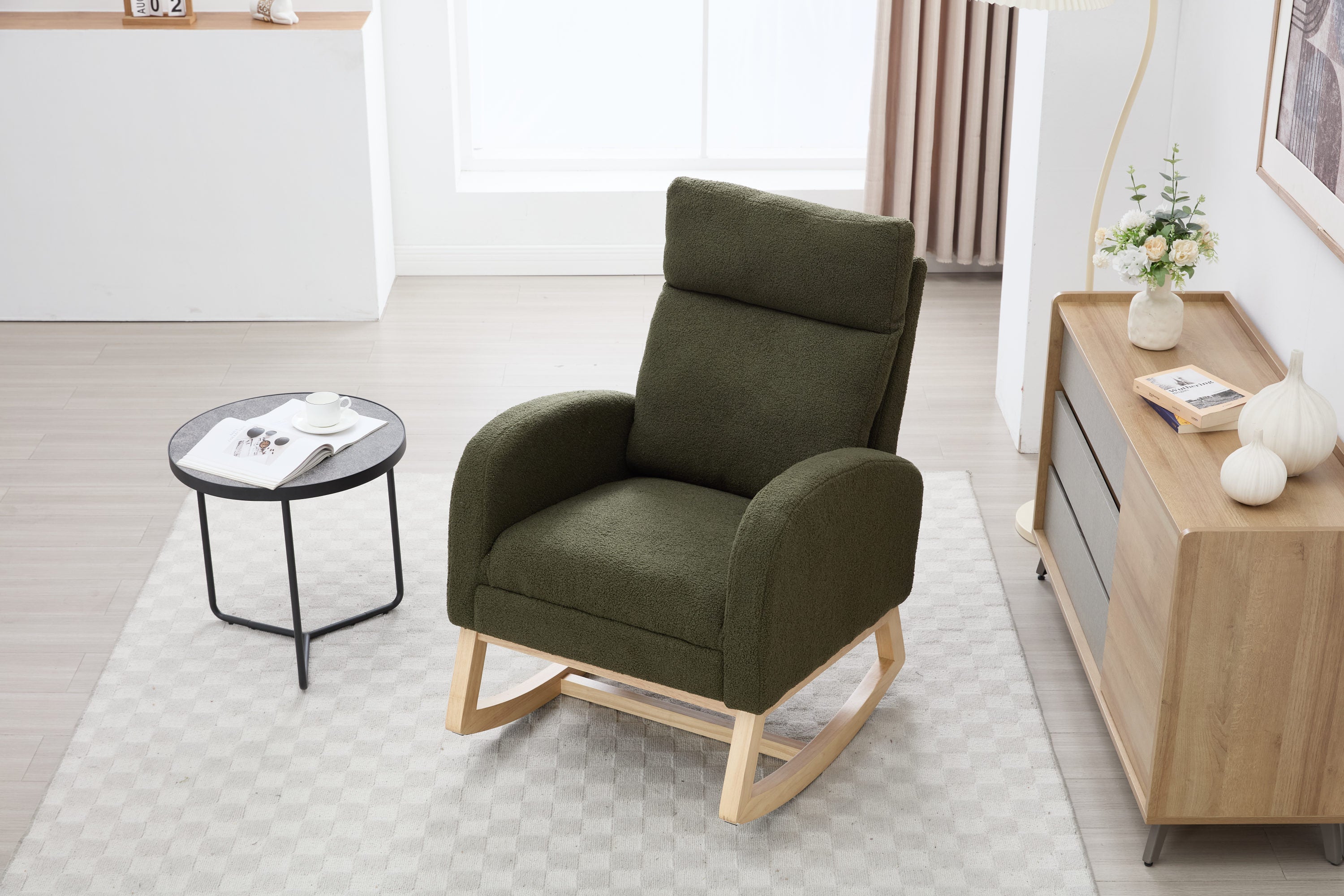 015B-Teddy Fabric Leisure Rocking Chair,Nursery Rocking Chair With Adjustable Footstool,Thickened Headrest And High Backrest, Storage Pocket On The Right Side,The Base Rocker Is Solid Wood,Green - Grand Goldman Shop