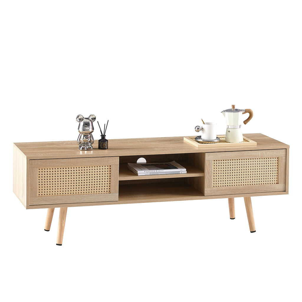 Natural Rattan TV Cabinet with Double Sliding Doors, Adjustable Shelf, Solid Wood Legs, 55.12 Inches - Grand Goldman Shop
