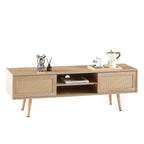 Natural Rattan TV Cabinet with Double Sliding Doors, Adjustable Shelf, Solid Wood Legs, 55.12 Inches - Grand Goldman Shop