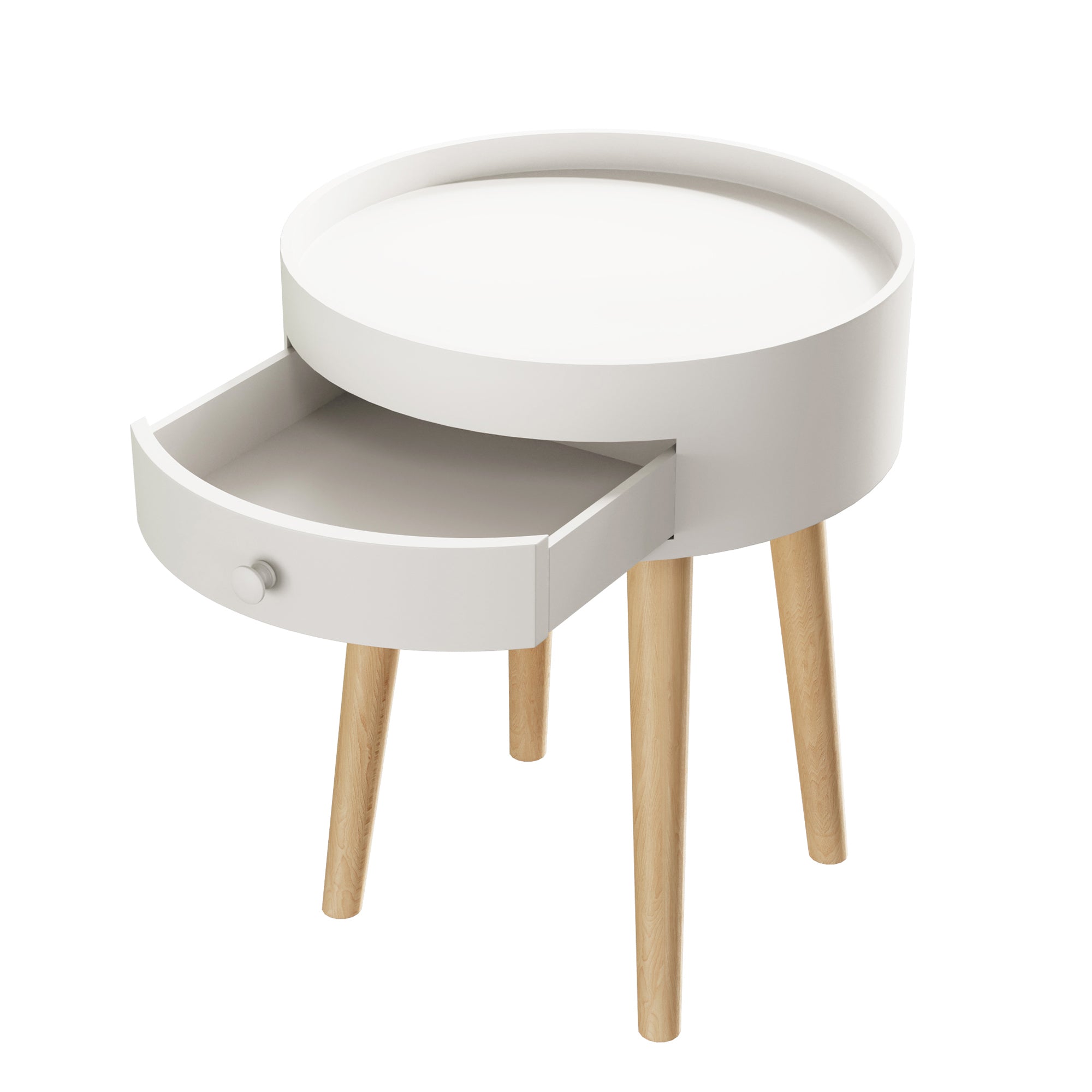 Modern White Nightstand with Storage Drawer & Oak Legs, 18' Bedside Table for Bedroom or Living Room, MDF Construction - Grand Goldman Shop