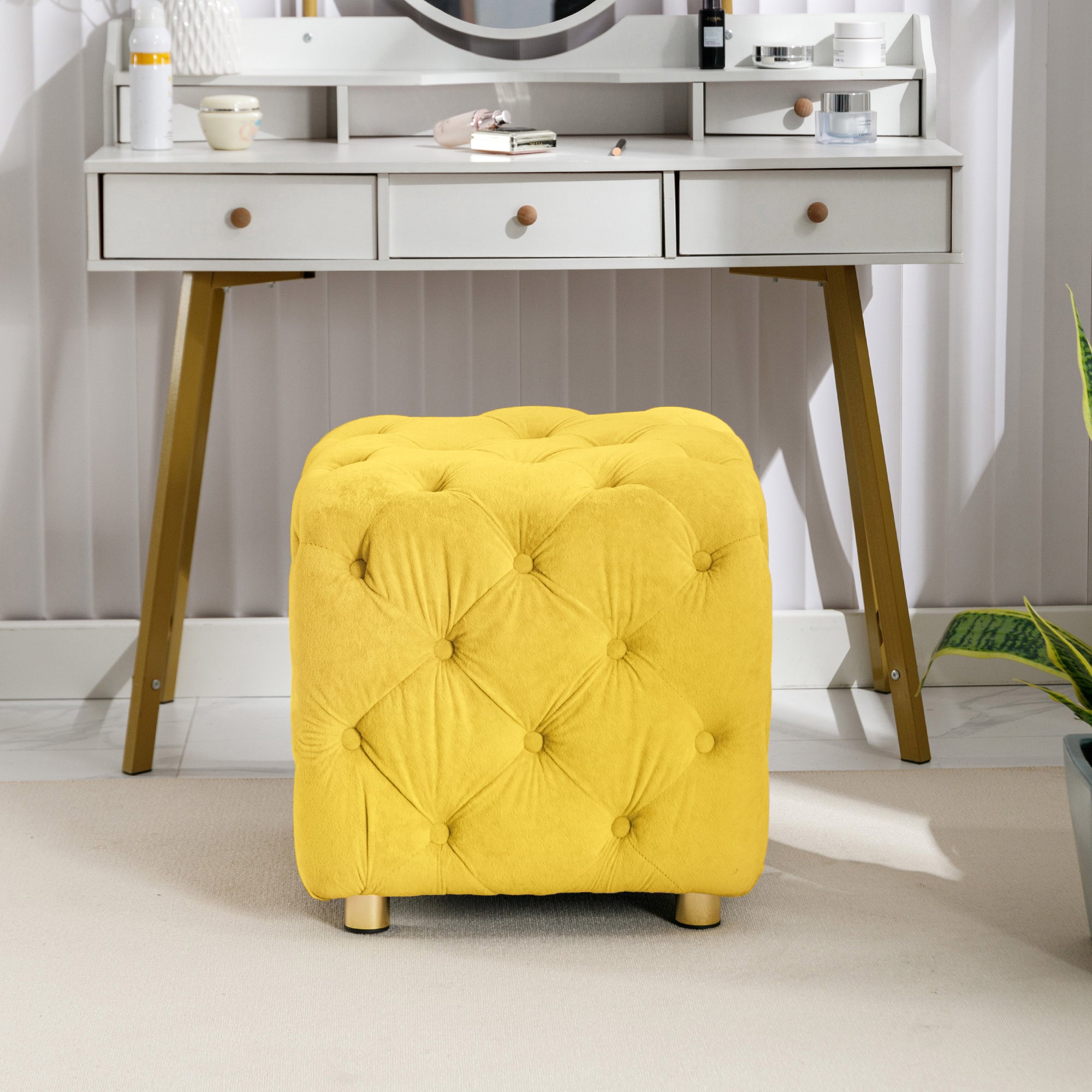 Yellow Modern Velvet Upholstered Ottoman, Exquisite Small End Table, Soft Foot Stool, Dressing Makeup Chair, Comfortable Seat for Living Room, Bedroom, Entrance - Grand Goldman Shop