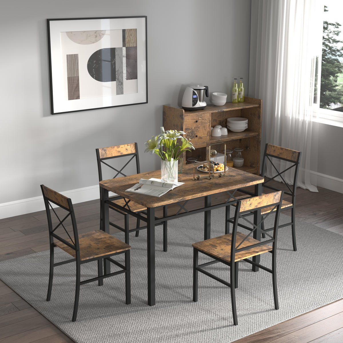 Dining Table Set for 4, Wood Kitchen Table with  Chairs Dinning Table Set for Kitchen & Dining Room, Compact Dining Set for Small Spaces, Rustic Brown - Grand Goldman Shop