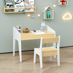 Kids Table Set with One Chair, Wooden Children Study Table, 2-8  Age Kids Funiture , White+Natural - Grand Goldman