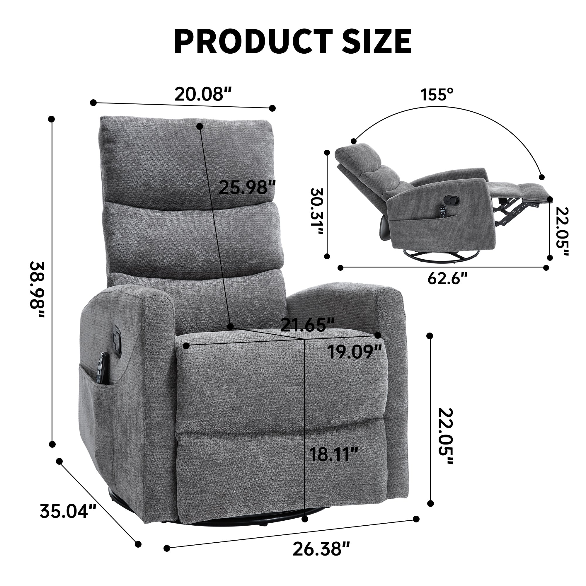 Heat Massage Manual Recliner Chair with Rocker and Swivel in Fabric for Living Room, GREY - Grand Goldman Shop