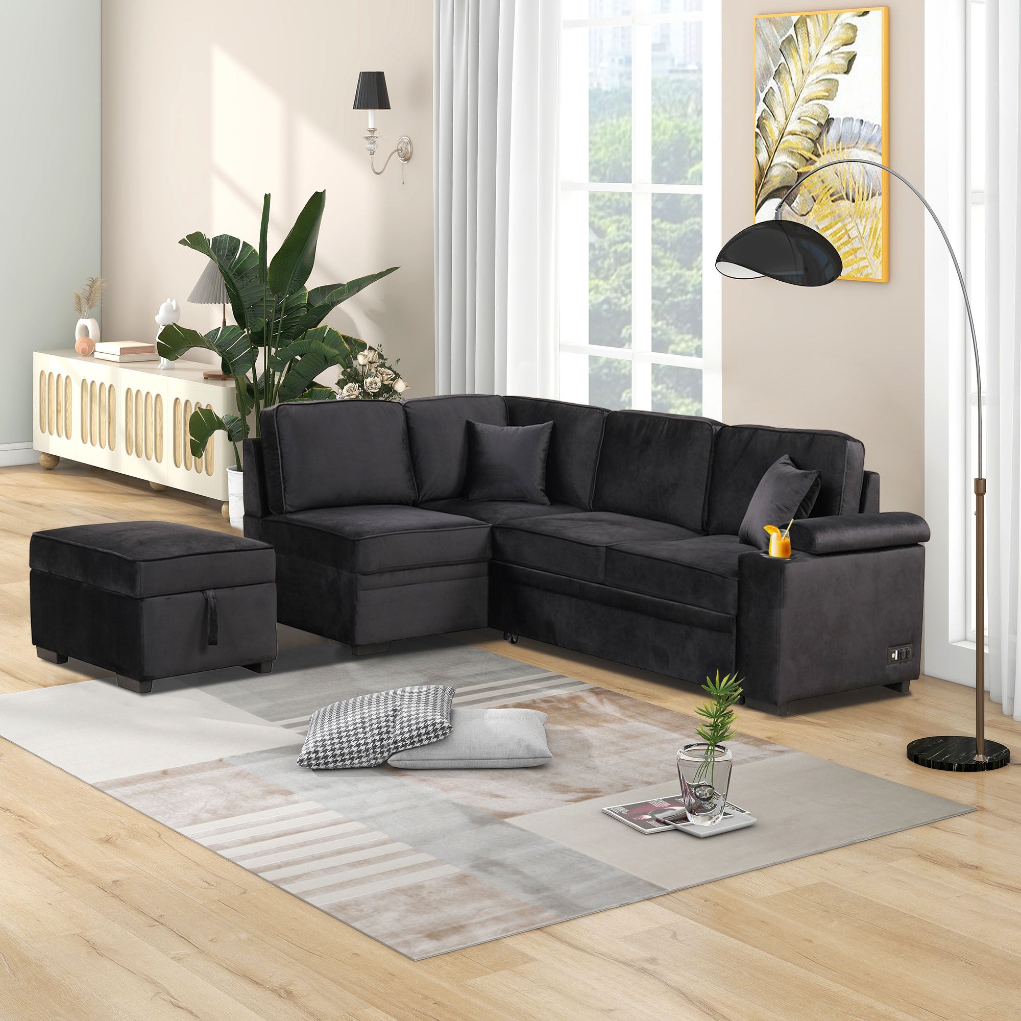 Modern Velvet Sleeper Sofa Bed with Storage Ottoman, Black, 84.75' L Shape - Grand Goldman Shop