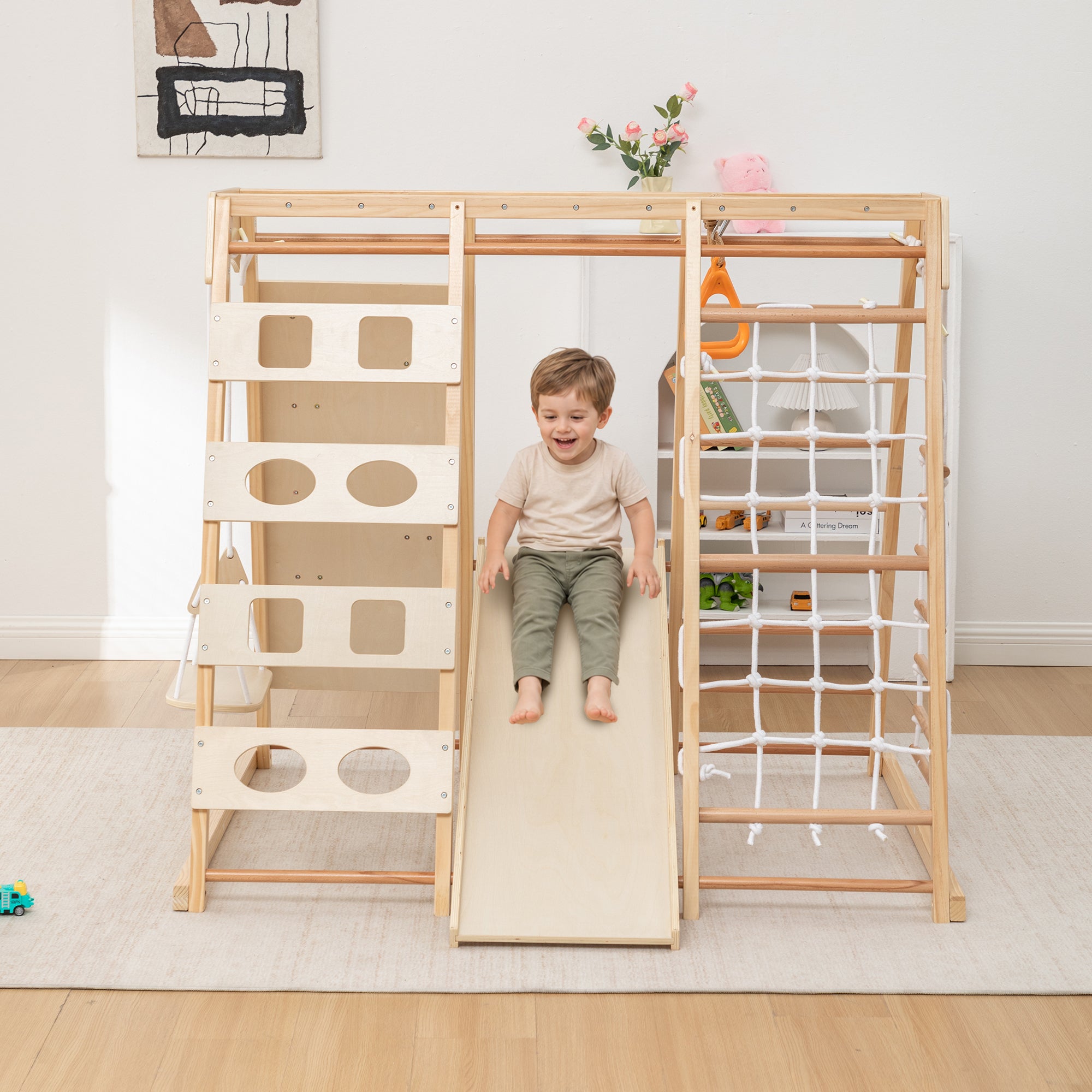 9-in-1 Slide and Climbing Wall for Toddlers 3+, Wooden Indoor Play Structure, Heavy Duty 176 lbs Capacity, Safe Rounded Edge Natural Wood, Balance & Strength Toy Gift