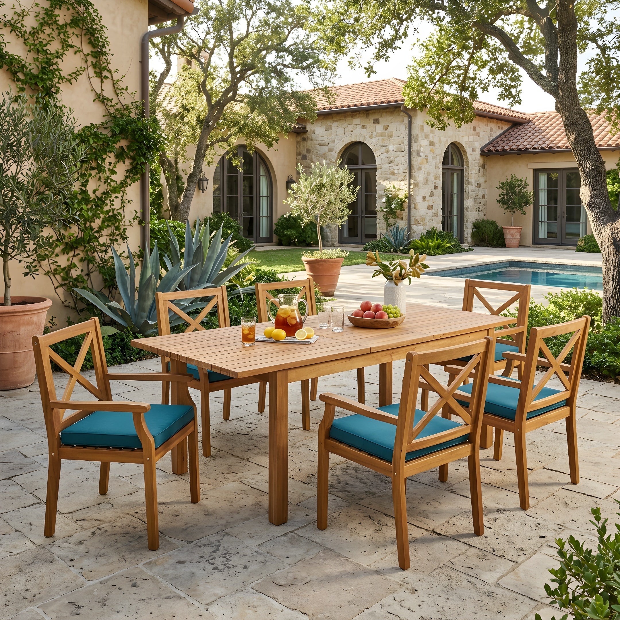 7-teiliges Akazienholz Outdoor-Essgruppe mit blauen Kissen, modern, 6 Stühle, 1 großer Tisch, Essmöbel-Set für Rasen, Hinterhof, Garten, Terrasse, Poolbereich, Teak