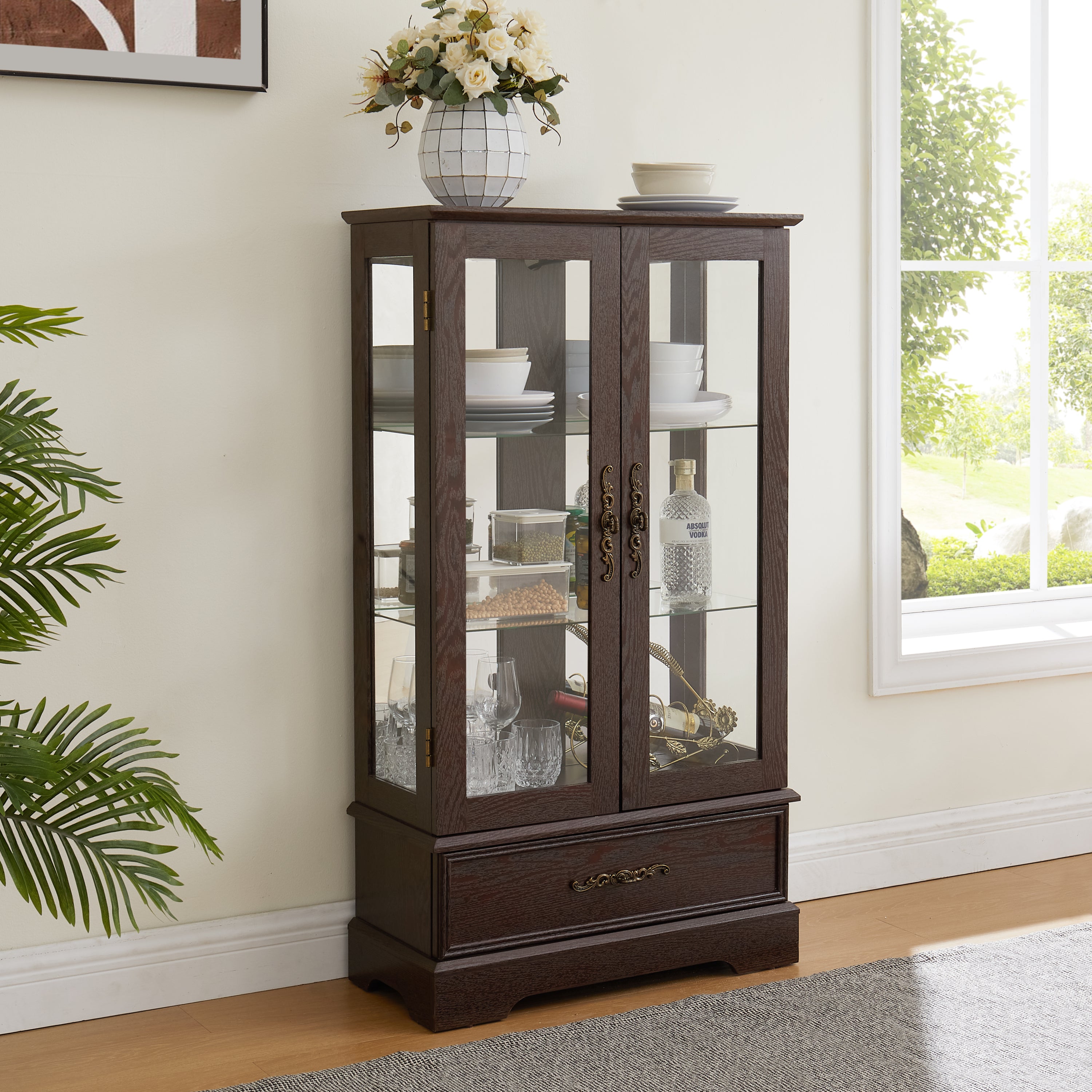 Glass Cabinet Lighted Glass Cabinet Curio Display Cabinet with Adjustable Glass Shelves 2 Doors and 1 drawer Cabinet Bulb Included Cherry - Grand Goldman Shop