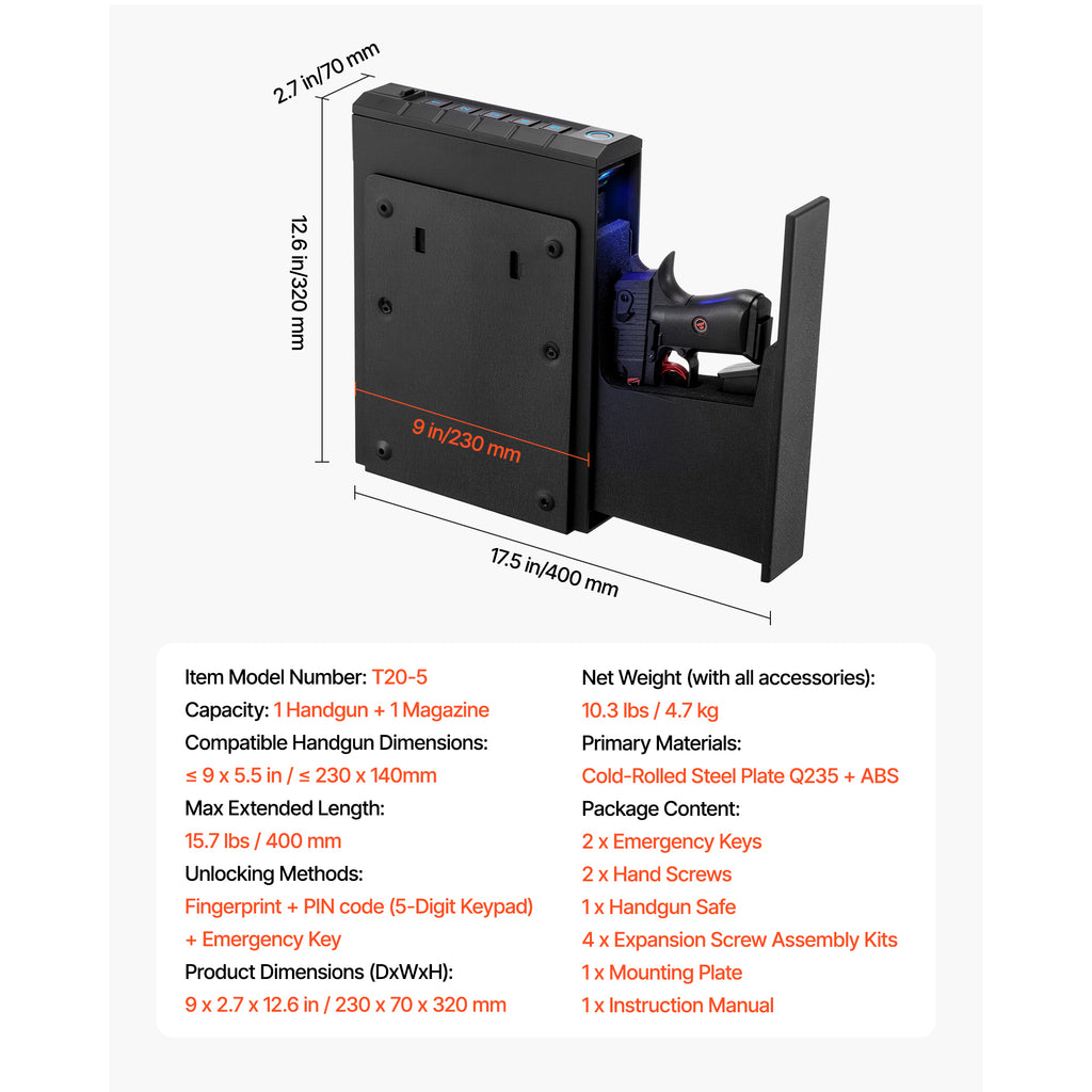 Gun Safe, Slider Handgun Gun Safe with Fingerprint/Password/Key, 3-Way Quick Access Firearm Case Box with Lighting for 1 Pist