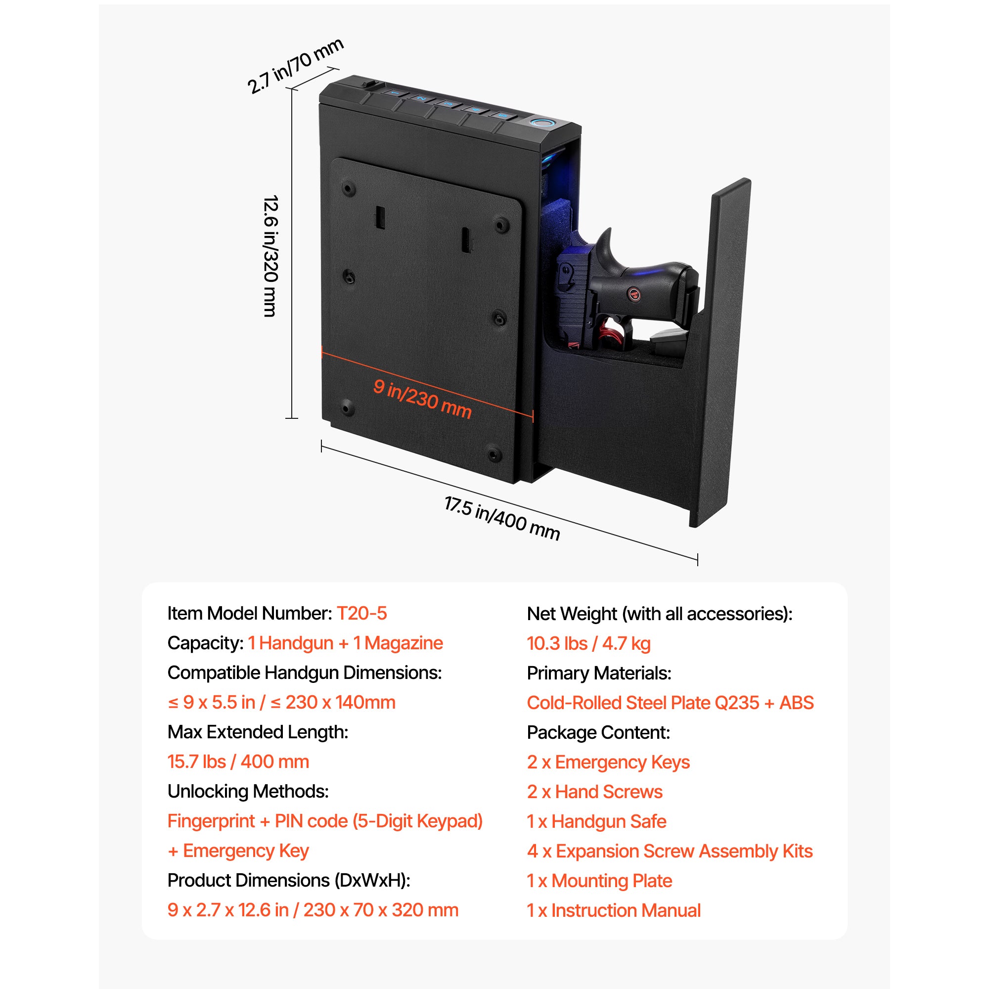 Gun Safe, Slider Handgun Gun Safe with Fingerprint/Password/Key, 3-Way Quick Access Firearm Case Box with Lighting for 1 Pist