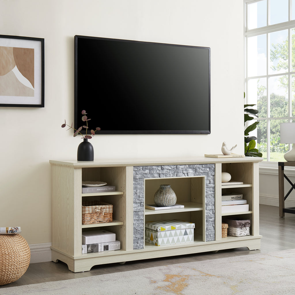 Mantel Stone TV Media Stand with with Faux Stacked Stone Surround, Modern Entertainment Console with Open Storage Space,WHITE, 58.31'W*15.39'D*26.06'H - Grand Goldman Shop