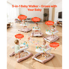 Stylish 5-in-1 Baby Walker, Folding Baby Activity Center on Wheels, Height Adjustable Rocker Bouncer Walker with Comfortable 