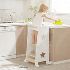 3-in-1 Toddler Kitchen Step Stool, Foldable Learning Standing Tower with Blackboard, Wooden Kitchen Stool Helper for Kids, 1-