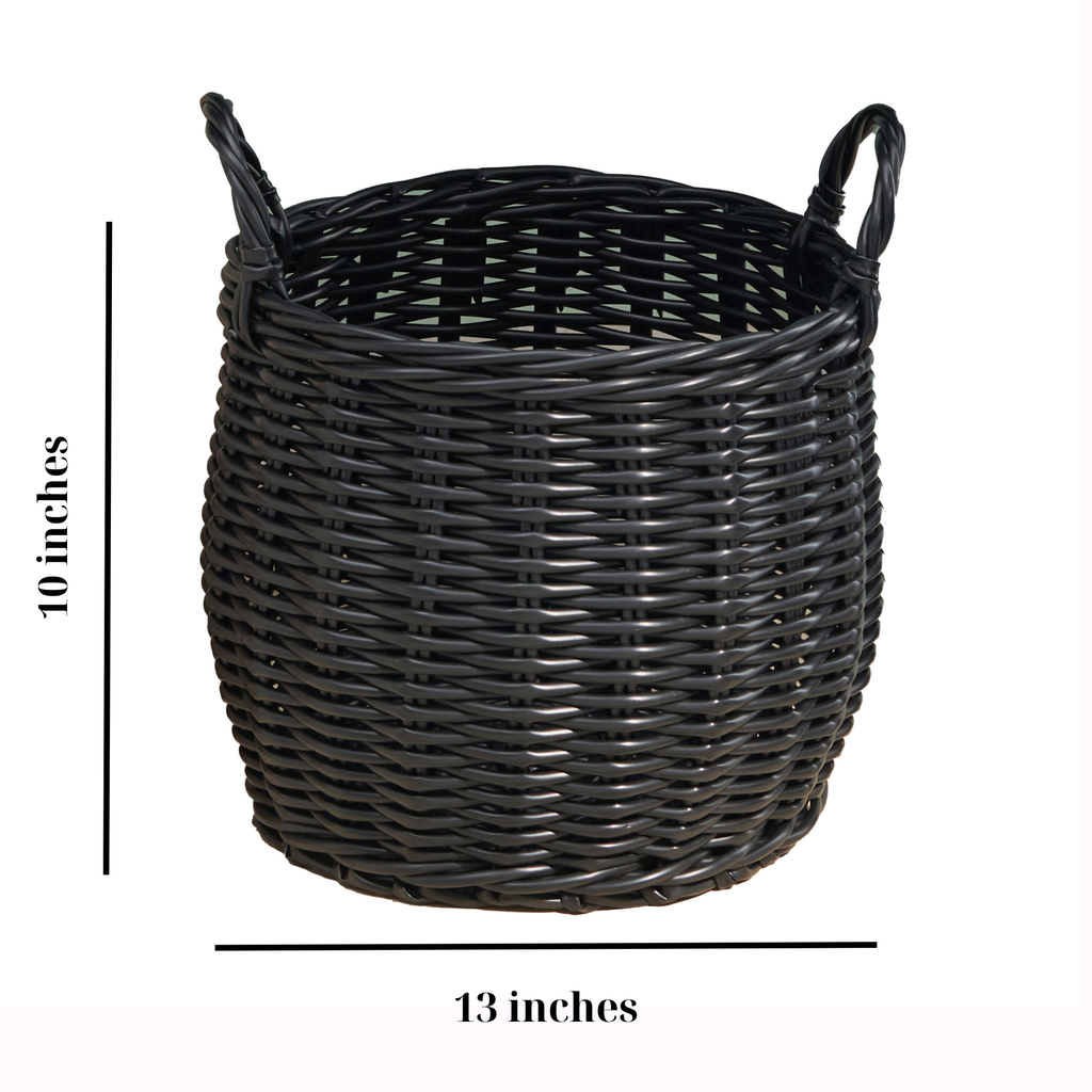 Lucius Round Resin Woven Wicker Basket with Handles - 13' x 13' x 10.2' - Black - For Clothes, Towels, Toys, Magazines Storage and Home Decoration - Grand Goldman Shop
