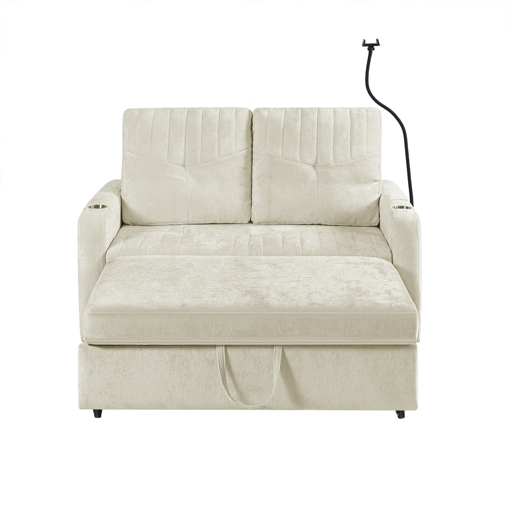 Modern 53.9' Loveseat Pull-out Sofa Bed with Adjustable Backrest, Cup Holders, Charging Ports & Side Storage in Beige Chenille - Grand Goldman Shop