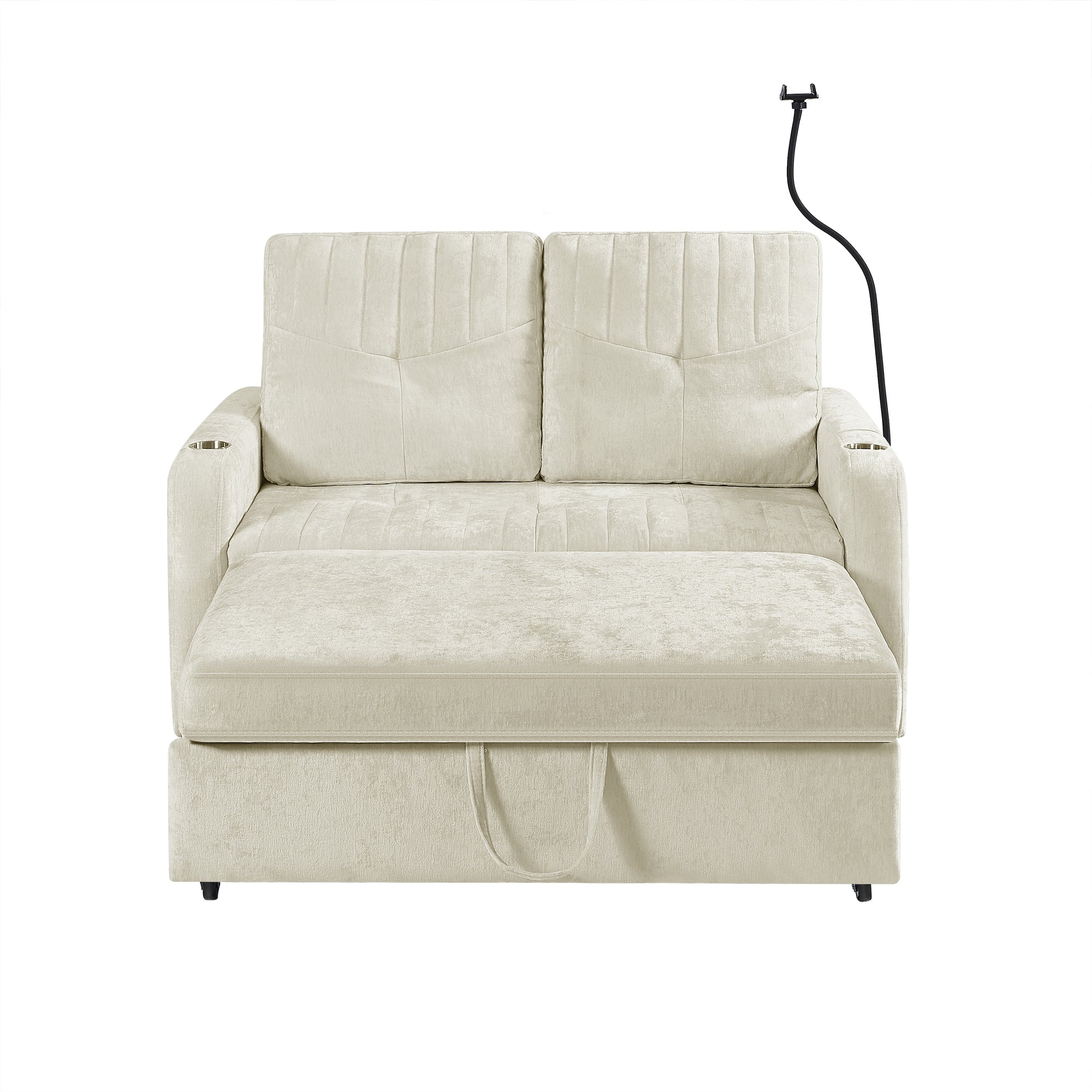 Modern 53.9' Loveseat Pull-out Sofa Bed with Adjustable Backrest, Cup Holders, Charging Ports & Side Storage in Beige Chenille - Grand Goldman Shop