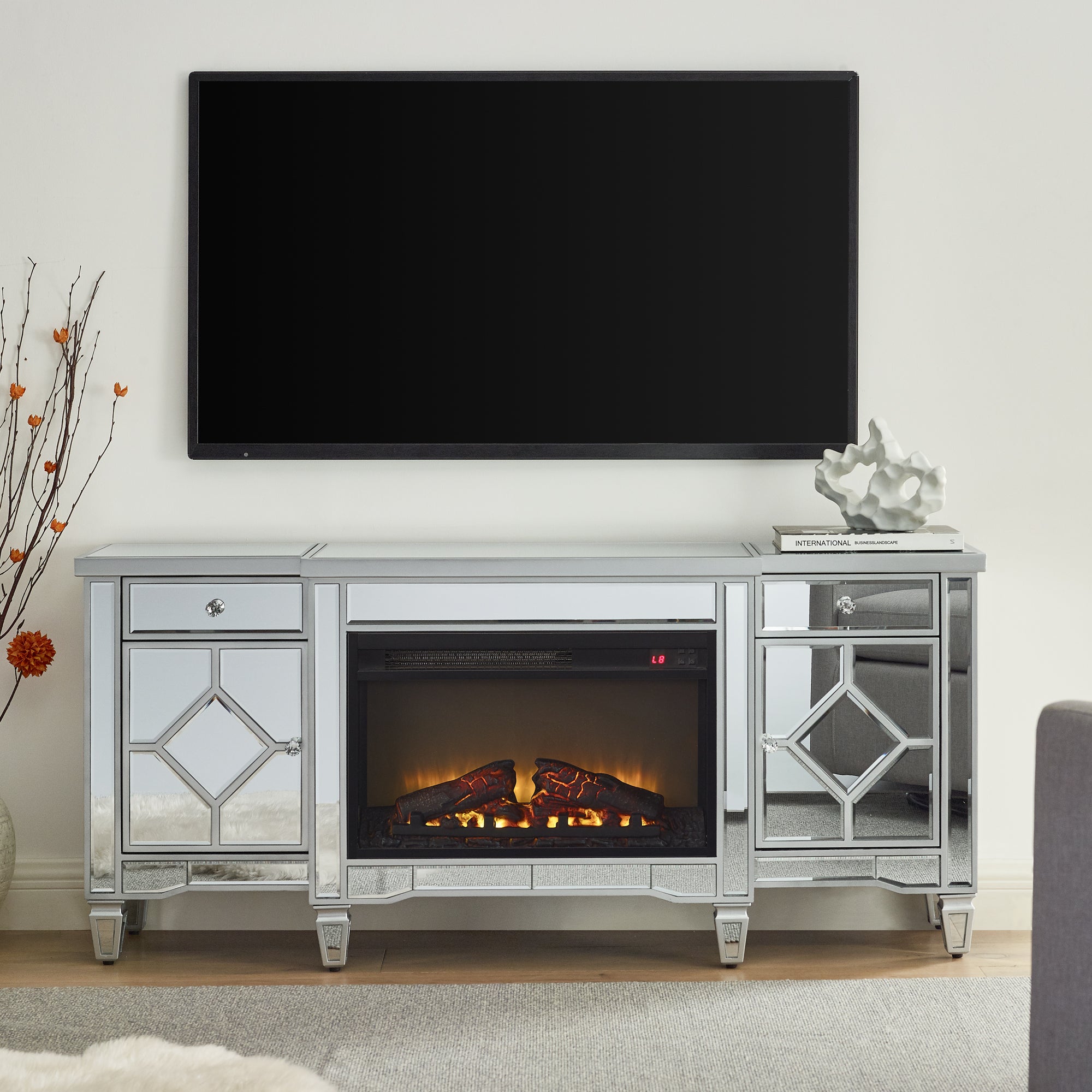 W 57' X D 15 ' X H 25.6' Flash silver combination TV fireplace cabinet - Grand Goldman Shop